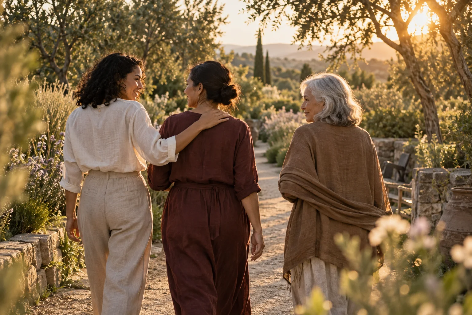 An illustrative scene of three adult women walking together through a garden in evening light