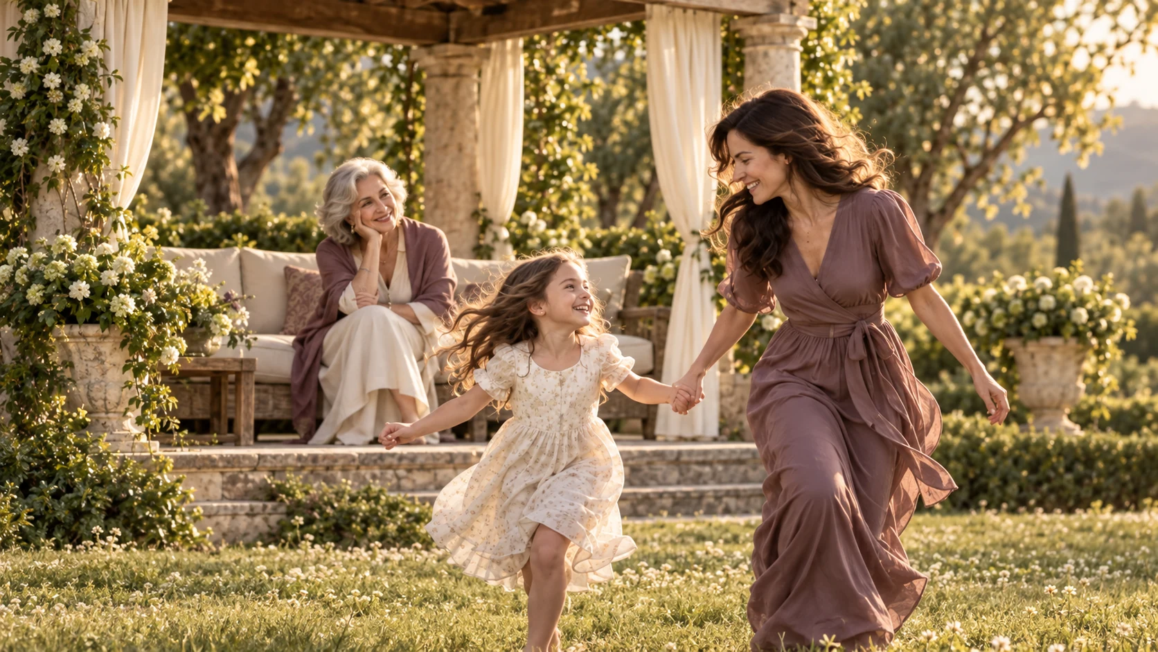 An illustrative mother and child playing in a field while the child’s grandmother watches from a garden pavilion
